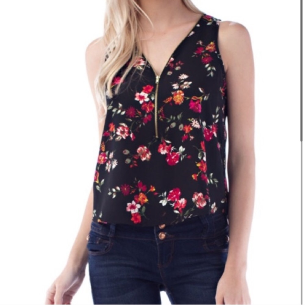 Black with Floral Print Zip Up Tank Top